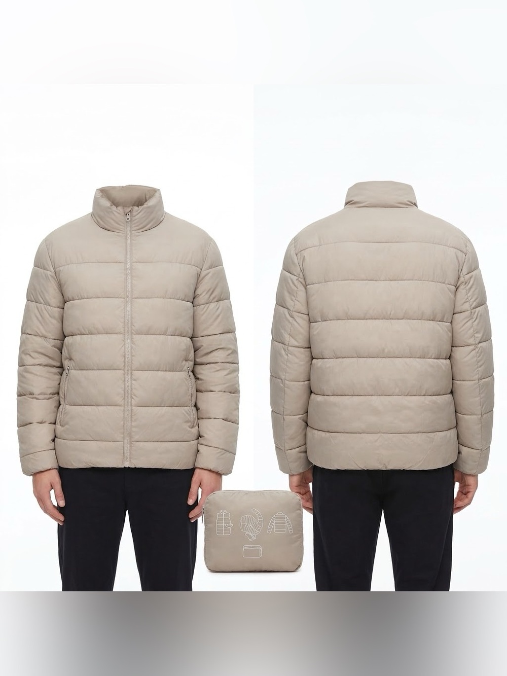 Forever 21 Men Tan Packable Puffer Jacket Size XL Lightweight Full Zip